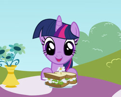 Size: 2000x1600 | Tagged: safe, artist:ursamanner, imported from derpibooru, twilight sparkle, pony, unicorn, the ticket master, bush, cute, daffodil and daisy sandwich, female, flower, food, happy, herbivore, plate, sandwich, show accurate, smiling, solo, table, unicorn twilight, vase