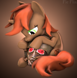 Size: 2183x2202 | Tagged: safe, artist:fic-flix, imported from derpibooru, oc, oc only, oc:tarnish star, pony, unicorn, fallout equestria, 3d, brown coat, brown hair, fallout, female, fluffy, green eyes, helmet, hug, ncr, ncr ranger, photoshop, solo, source filmmaker