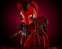 Size: 2830x2250 | Tagged: safe, artist:fic-flix, imported from derpibooru, oc, oc only, oc:red eye, cyborg, earth pony, pony, fallout equestria, 3d, armor, battle saddle, blue eye, clothes, gun, male, mohawk, photoshop, pipbuck, prosthetic eye, prosthetics, red, scarf, solo, source filmmaker, stallion, weapon