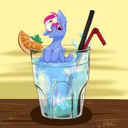 Size: 1920x1920 | Tagged: safe, artist:miscellanea_apgk, imported from derpibooru, oc, oc only, oc:steam loco, pegasus, pony, cocktail, commission, cute, food, goggles, male, orange, pegasus oc, ponies in food, simple background, solo, spread wings, straw, wings, ych result