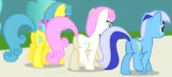 Size: 2694x1211 | Tagged: safe, imported from derpibooru, screencap, lemon hearts, minuette, twinkleshine, pony, unicorn, friendship is magic, blurry, butt, cropped, eyes closed, female, mare, needs more jpeg, op i can't see shit, plot, present, trio, upscaled