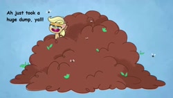 Size: 1280x720 | Tagged: safe, edit, imported from derpibooru, screencap, applejack, earth pony, fly, insect, pony, my little pony: pony life, the 5 habits of highly effective ponies, spoiler:pony life s01e34, female, g4.5, implied poop, mare, not what it looks like, text edit, toilet humor