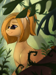 Size: 3096x4128 | Tagged: safe, artist:bellfa, imported from derpibooru, oc, oc only, oc:mistydrifter, earth pony, pony, background pony, female, glare, glasses, hair, jungle, jungle girl, leaves, original art, outdoors, ponytail, purple eyes, redhead, solo, sunglasses, tail, travelersverse