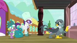 Size: 1280x720 | Tagged: safe, imported from derpibooru, screencap, gabby, golden glory, rarity, sea wind, spike, dragon, griffon, pegasus, pony, unicorn, dragon dropped, background pony, backpack, boots, clothes, female, gem, glasses, hat, letter, mare, not seafoam, scarf, shoes, toque, train, train car, train station, unnamed character, unnamed pony, winged spike, wings, winter clothes, winter hat