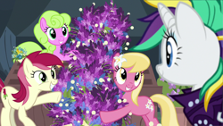 Size: 1280x720 | Tagged: safe, imported from derpibooru, screencap, daisy, flower wishes, lily, lily valley, rarity, roseluck, earth pony, pony, unicorn, it isn't the mane thing about you, alternate hairstyle, cute, female, flower trio, lavender, mare, punk, raripunk