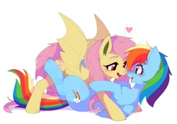 Size: 1144x800 | Tagged: safe, artist:snow angel, imported from derpibooru, fluttershy, rainbow dash, bat pony, pegasus, pony, bat ponified, fangs, female, flutterbat, flutterdash, heart, lesbian, lying down, mare, obtrusive watermark, on back, pictogram, race swap, shipping, simple background, watermark, white background