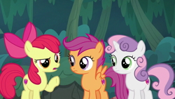 Size: 1920x1080 | Tagged: safe, imported from derpibooru, screencap, apple bloom, scootaloo, sweetie belle, earth pony, pegasus, pony, unicorn, the big mac question, apple bloom's bow, bow, cutie mark, cutie mark crusaders, female, filly, foal, hair bow, open mouth, raised hoof, spread wings, the cmc's cutie marks, wings