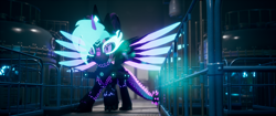 Size: 3840x1620 | Tagged: safe, artist:phoenixtm, imported from derpibooru, oc, oc:phoenix stardash, alicorn, cyborg, original species, 3d, battle stance, ceikraill, laboratory, lens flare, minigun, shiny, spread wings, unreal engine, weapon, wings