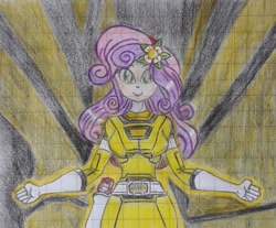 Size: 1024x846 | Tagged: safe, artist:nintencano, imported from derpibooru, sweetie belle, equestria girls, female, flower, flower in hair, gekisou sentai carranger, graph paper, morphing, older, older sweetie belle, power rangers, power rangers turbo, solo, traditional art, yellow racer, yellow ranger