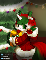 Size: 608x800 | Tagged: safe, artist:snow angel, imported from derpibooru, oc, oc only, anthro, unicorn, christmas, christmas gift, christmas tree, clothes, costume, holiday, present, santa costume, solo, tree