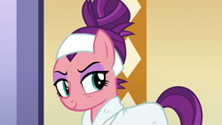 Size: 1280x720 | Tagged: safe, imported from derpibooru, screencap, spoiled rich, earth pony, pony, applejack's "day" off, alternate hairstyle, arrogant, bags under eyes, bathrobe, clothes, eyeshadow, female, gloating, hair bun, makeup, mane bun, mare, robe, smiling, smirk, snobby, solo, spa