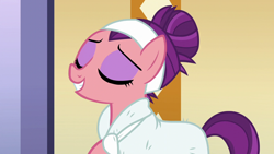 Size: 1280x720 | Tagged: safe, imported from derpibooru, screencap, spoiled rich, pony, applejack's "day" off, bathrobe, clothes, female, gloating, robe, slippers, snobby, solo, spa