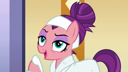 Size: 1280x720 | Tagged: safe, imported from derpibooru, screencap, spoiled rich, earth pony, pony, applejack's "day" off, alternate hairstyle, arrogant, bags under eyes, bathrobe, clothes, eyeshadow, female, gloating, hair bun, makeup, mare, narrowed eyes, raised hoof, robe, slippers, smiling, smirk, snobby, solo, spa