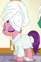 Size: 754x1125 | Tagged: safe, imported from derpibooru, screencap, spoiled rich, pony, applejack's "day" off, bathrobe, clothes, cropped, eyes closed, female, robe, slippers, solo, spa, towel on head