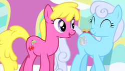 Size: 1968x1125 | Tagged: safe, imported from derpibooru, screencap, cherry berry, linky, shoeshine, earth pony, pony, simple ways, duo, eyes closed, female, mare, walking