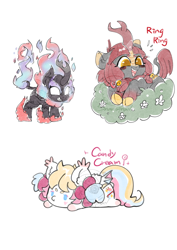 Size: 636x900 | Tagged: safe, artist:snow angel, imported from derpibooru, oc, oc only, oc:candy cream, oc:ring ring, bat pony, kirin, nirik, pony, bat pony oc, bat wings, beanbrows, chibi, colored pupils, cute, eyebrows, kirin oc, ocbetes, sharp teeth, simple background, teeth, watermark, white background, wings