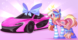 Size: 5434x2849 | Tagged: safe, artist:airiniblock, imported from derpibooru, oc, oc only, oc:bay breeze, pegasus, pony, bow, car, clothes, commission, cute, female, hair bow, mare, mclaren, mclaren p1, rcf community, socks, solo, striped socks