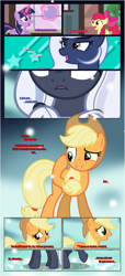 Size: 1919x4225 | Tagged: safe, artist:estories, imported from derpibooru, apple bloom, applejack, twilight sparkle, oc, oc:holly, oc:silverlay, alicorn, earth pony, original species, pony, unicorn, comic:a(pple)ffection, comic, dialogue, shipping, show accurate, twilight sparkle (alicorn), umbra pony, vector