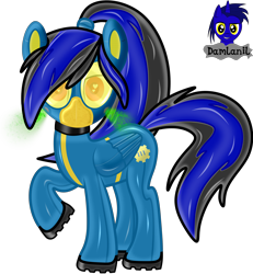 Size: 3840x4154 | Tagged: safe, artist:damlanil, imported from derpibooru, oc, oc only, oc:labys, pegasus, pony, boots, clothes, collar, commission, fallout, female, gas mask, hazmat pony drone, heart, heart eyes, jumpsuit, latex, looking at you, mare, mask, raised hoof, rubber, rubber drone, shiny, shiny mane, shoes, show accurate, simple background, solo, transformation, transparent background, vault 111, vault suit, vault-tec, vector, wingding eyes, wings