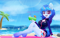 Size: 2356x1496 | Tagged: safe, artist:gempainter32, imported from derpibooru, oc, oc only, oc:diamond nella, anthro, unguligrade anthro, unicorn, anthro oc, beach blanket, beautiful, blue mane, blue tail, bow, breasts, cheek fluff, cleavage, clothes, cloud, cocktail umbrella, coconut, cutie mark, diamond, drink, drinking straw, ear fluff, food, gradient mane, heart, holding, ibispaint x, lens flare, looking at you, magenta eyes, ocean, open mouth, palm tree, rock, sand, sexy, signature, sparkles, summer, sweat, swimsuit, talking to viewer, text, thighs, tree, umbrella drink, water, wet, wet hair