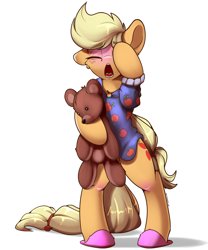 Size: 2500x3000 | Tagged: safe, artist:skitsniga, artist:skitsroom, imported from derpibooru, applejack, earth pony, pony, bipedal, blushing, clothes, cute, eyes closed, female, freckles, jackabetes, mare, open mouth, pajamas, simple background, sleeping, slippers, solo, teddy bear, underhoof, white background, yawn