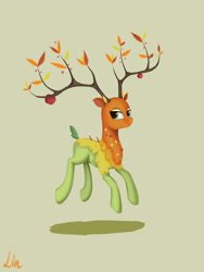 Size: 3543x4724 | Tagged: safe, artist:lin feng, imported from derpibooru, the great seedling, deer, elk, going to seed, apple, female, food, hopping, jumping, shadow, simple background, solo