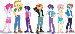 Size: 5000x2295 | Tagged: safe, artist:orin331, imported from derpibooru, applejack, fluttershy, pinkie pie, rainbow dash, rarity, sci-twi, sunset shimmer, twilight sparkle, human, equestria girls, absurd resolution, alternate hairstyle, ankles, applejack (male), applejack's hat, belt, boots, bubble berry, butterscotch, clothes, converse, cowboy boots, cowboy hat, dusk shine, elusive, equestria guys, feet, freckles, geode of empathy, geode of fauna, geode of shielding, geode of sugar bombs, geode of super speed, geode of super strength, geode of telekinesis, glasses, hat, height difference, hoodie, humane five, humane seven, humane six, jacket, jeans, magical geodes, male, male six, necktie, pants, rainbow blitz, rule 63, sandals, sci-dusk, shirt, shoes, shorts, simple background, sneakers, stetson, sunset glare, suspenders, sweatpants, t-shirt, tanktop, transparent background