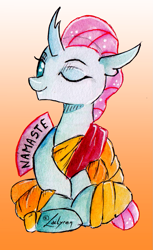 Size: 721x1181 | Tagged: safe, artist:lailyren, imported from derpibooru, ocellus, changedling, changeling, female, one eye closed, orange background, simple background, solo, traditional art, watercolor painting, wink