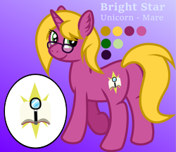 Size: 3215x2793 | Tagged: safe, artist:bryastar, imported from derpibooru, oc, oc only, oc:bright star, pony, unicorn, cutie mark, ear fluff, female, glasses, mare, raised hoof, reference sheet, smiling, solo