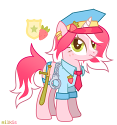 Size: 1296x1383 | Tagged: safe, artist:milkis, imported from derpibooru, oc, oc only, oc:officer sweet strawberry, pony, unicorn, badge, baton, belt, clothes, cuffs, ear piercing, earring, female, food, freckles, hat, jewelry, mare, markings, necktie, nightstick, piercing, po-po, police, police hat, police officer, police uniform, shirt, simple background, solo, strawberry, tonfa, white background