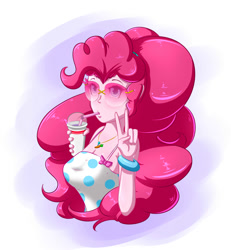 Size: 1850x2000 | Tagged: safe, artist:albertbm, imported from derpibooru, pinkie pie, equestria girls, drinking, female, looking at you, peace sign, sleeveless, solo, sunglasses