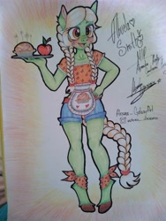 Size: 384x512 | Tagged: safe, artist:alejandraarelycc, imported from derpibooru, granny smith, anthro, unguligrade anthro, apple, apple pie, blushing, clothes, female, food, pie, ponytail, shorts, smiling, solo, traditional art, tray, young granny smith, younger