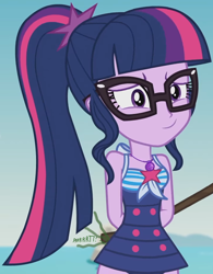 Size: 1126x1447 | Tagged: safe, artist:lekonar13, edit, edited screencap, imported from derpibooru, screencap, sci-twi, twilight sparkle, equestria girls, equestria girls series, friendship math, clothes, cute, embarrassed, fart, female, glasses, one-piece swimsuit, solo, stick, swimsuit, twiabetes, twilight fartle