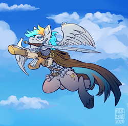 Size: 1920x1900 | Tagged: safe, artist:folieatrois, imported from derpibooru, oc, oc only, oc:shade flash, pegasus, pony, armor, cloak, clothes, cloud, dungeons and dragons, flying, knight, male, mouth hold, pen and paper rpg, rpg, signature, simple background, sky, spread wings, stallion, sword, unshorn fetlocks, weapon, wings