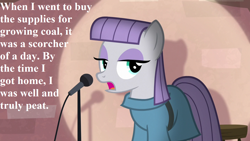 Size: 1280x720 | Tagged: safe, edit, edited screencap, imported from derpibooru, screencap, maud pie, the maud couple, maud the comedian, microphone, pun, speech, talking