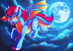 Size: 1130x800 | Tagged: safe, artist:muttasaur, imported from derpibooru, oc, oc only, dracony, dragon, hybrid, pony, cloud, commission, cutie mark, digital art, flying, horn, male, moon, night, sky, solo, tail, wings