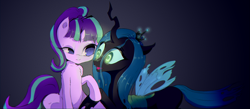 Size: 2000x870 | Tagged: safe, artist:mistleinn, imported from derpibooru, queen chrysalis, starlight glimmer, changeling, changeling queen, pony, unicorn, duo, female, open mouth