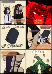 Size: 4961x7016 | Tagged: safe, artist:tenenbris, imported from derpibooru, oc, oc:abel masei, oc:alicia malice, oc:alma, oc:patricia sorg, semi-anthro, unicorn, zebra, comic:things change, alcohol, beer, bipedal, clothes, comic, shirt, zebra oc