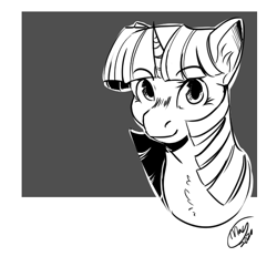 Size: 600x600 | Tagged: safe, artist:magentell, derpibooru exclusive, imported from derpibooru, twilight sparkle, alicorn, pony, unicorn, bust, female, looking at you, monochrome, portrait, simple background, smiling, solo, unicorn twilight