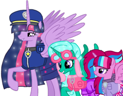 Size: 1330x1038 | Tagged: safe, artist:徐詩珮, imported from derpibooru, glitter drops, twilight sparkle, oc, oc:bubble sparkle, alicorn, bubbleverse, series:sprglitemplight diary, series:sprglitemplight life jacket days, series:springshadowdrops diary, series:springshadowdrops life jacket days, the last problem, alicornified, alternate universe, base used, chase (paw patrol), clothes, female, glittercorn, glitterlight, lesbian, like mother like daughter, like parent like child, magical lesbian spawn, magical threesome spawn, mother and child, mother and daughter, multiple parents, next generation, offspring, older, older glitter drops, older twilight, parent:glitter drops, parent:spring rain, parent:tempest shadow, parent:twilight sparkle, parents:glittershadow, parents:sprglitemplight, parents:springdrops, parents:springshadow, parents:springshadowdrops, paw patrol, princess twilight 2.0, race swap, shipping, simple background, skye (paw patrol), transparent background, twilight sparkle (alicorn), ultimate twilight