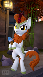 Size: 1080x1920 | Tagged: safe, artist:owlpirate, imported from derpibooru, autumn blaze, kirin, 3d, awwtumn blaze, bamboo, bipedal, cute, female, food, ice cream, lantern, solo, source filmmaker, underhoof