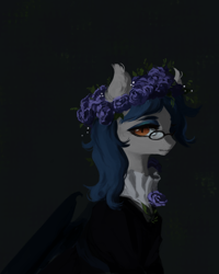 Size: 6000x7500 | Tagged: safe, artist:astroid, imported from derpibooru, oc, oc only, oc:midnight measure, bat pony, bust, commission, ear fluff, flower, flower in hair, glasses, looking at you, portrait, rose, rule 63, smiling, wreath, ych result