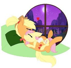 Size: 397x377 | Tagged: safe, artist:yumigatchi, imported from derpibooru, applejack, fluttershy, earth pony, pegasus, appleshy, bandaged leg, female, heart, hug, lesbian, night, ponytail, ponyville, shipping, simple background, transparent background, window