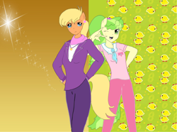 Size: 1280x954 | Tagged: safe, artist:kanashiibara, imported from derpibooru, chickadee, ms. harshwhinny, ms. peachbottom, anthro, duo, duo female, female, pose