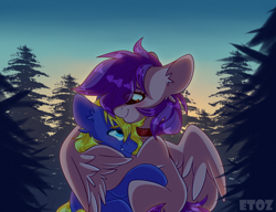 Size: 2600x2000 | Tagged: safe, artist:etoz, imported from derpibooru, oc, oc only, oc:gaby, oc:spore, earth pony, pegasus, pony, blushing, collar, commission, cute, earth pony oc, female, forest, happy, hug, male, mare, pegasus oc, sky, smiling, stallion, tree, wings