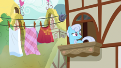 Size: 1920x1080 | Tagged: safe, imported from derpibooru, screencap, linky, shoeshine, pony, the big mac question, balcony, clothes, clothes line, female, solo, towel