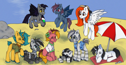 Size: 5015x2600 | Tagged: safe, artist:хлебушек, imported from derpibooru, oc, oc:anckuntie, oc:canada, oc:drew dru, oc:funerius, oc:kanter, oc:mondensor day, oc:night silver, oc:stinger, oc:wry bell