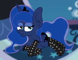 Size: 1400x1090 | Tagged: safe, artist:puperhamster, imported from derpibooru, princess luna, alicorn, pony, bedroom, bedroom eyes, clothes, ear fluff, female, horn, looking at you, lying down, mare, socks, solo