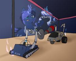 Size: 2500x2000 | Tagged: safe, artist:dreamy, artist:lionbun, artist:littledreamycat, imported from derpibooru, oc, oc:lunaris, oc:night shadow, pony, unicorn, battlebots, buzzsaw, circular saw, fight, patreon, patreon reward, robots, robotwars