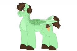 Size: 1280x854 | Tagged: safe, artist:itstechtock, imported from derpibooru, oc, oc only, oc:mint fudge, pegasus, pony, body freckles, freckles, male, missing teeth, offspring, parent:dumbbell, parent:lightning dust, parents:lightningbell, shorn fetlocks, simple background, solo, stallion, white background